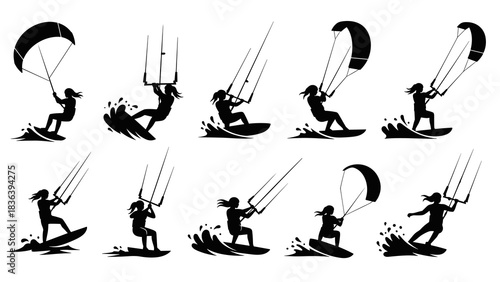 Dynamic kiteboarding silhouettes showcasing thrilling female athlete moves