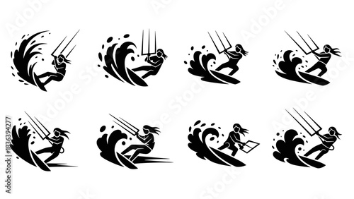 Dynamic kite surfing silhouettes capturing exciting ocean wave action