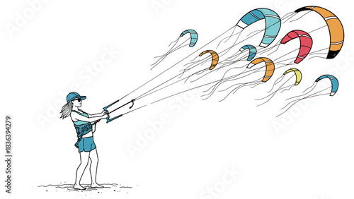 Kite enthusiast flying colorful kites in minimalist style illustration