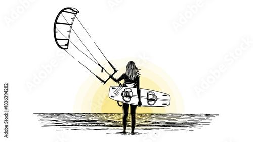 Kitesurfing adventure: woman with kite and board on beach at sunset