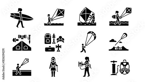 Adventure silhouettes: surfing, kiteboarding, camping, and more outdoor activities