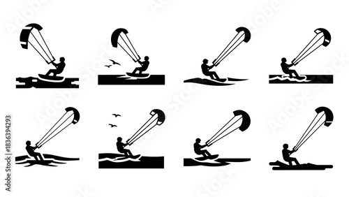 Silhouette icons of kite surfers performing various maneuvers over water