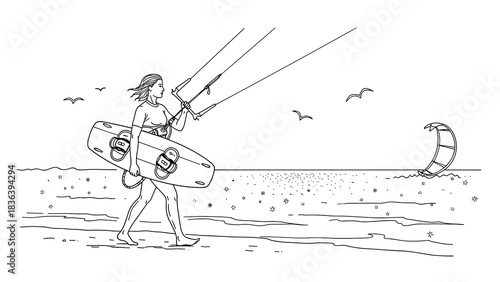 Woman kiteboarding on beach: outline style adventure scene with waves and birds