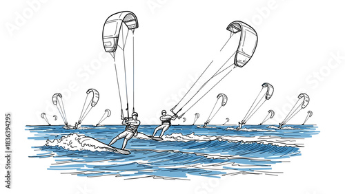 Dynamic kiteboarding adventure on ocean waves with detailed pen art style