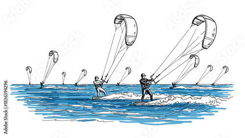 Thrilling kite surfing adventure with multiple kiteboarders over ocean waves in sketch style