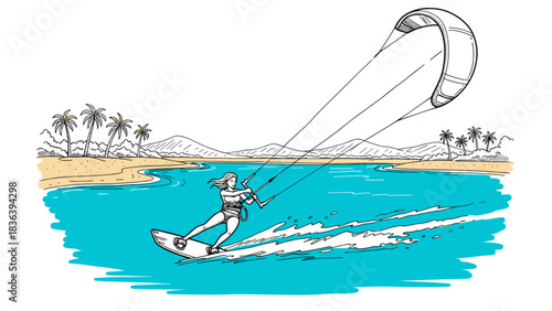 Beach kite surfing adventure with woman in tropical paradise