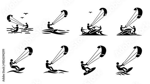 Kitesurfing icons set: eight black silhouette designs featuring action poses and dynamic movement
