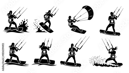 Dynamic kiteboarding silhouettes showcasing diverse tricks and techniques