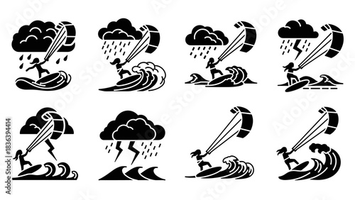 Dynamic kiteboarding in stormy weather: eight unique silhouette designs
