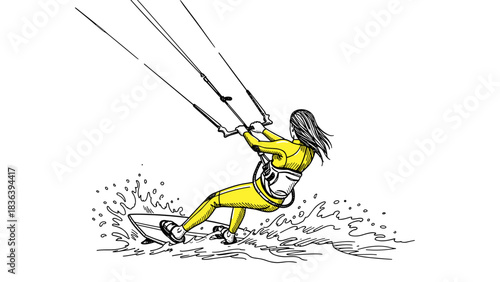 Dynamic woman kiteboarding in yellow wetsuit on splashing waves