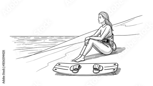 Minimalist drawing of a woman sitting on the beach next to a wakeboard