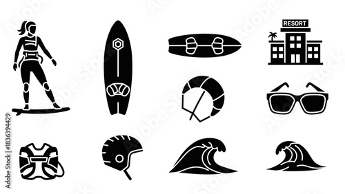 Silhouette of surfing adventure icons: surfboard, waves, resort, and gear essentials