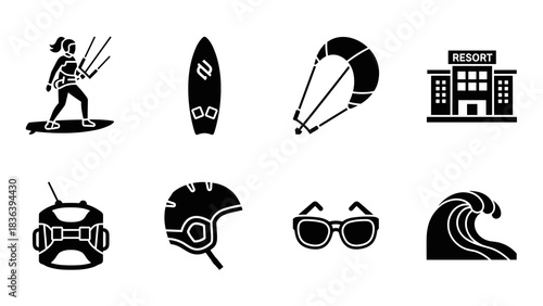 Kite surfing adventure icons: gear, waves, and resort essentials in silhouette style