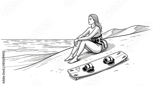 Serene beach scene with woman and surfboard in black and white line art