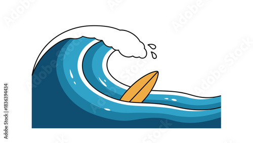 Surfboard riding a majestic ocean wave in minimalist style