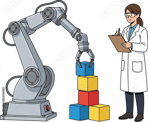 Female engineer programming robot arm