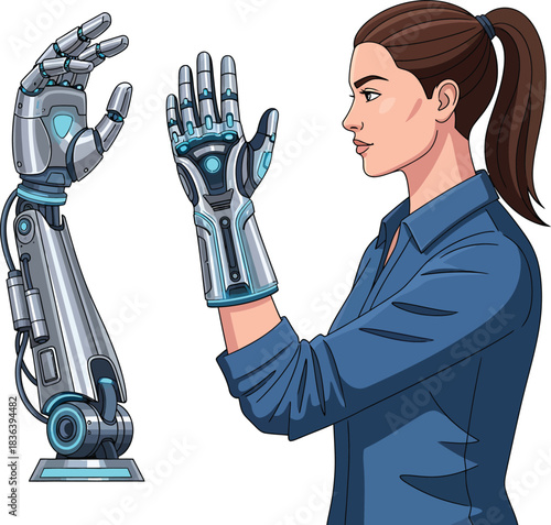 Female engineer programming robot arm