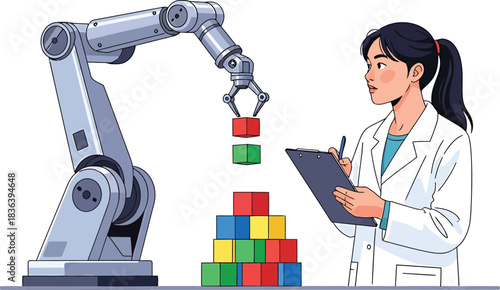 Female engineer programming robot arm