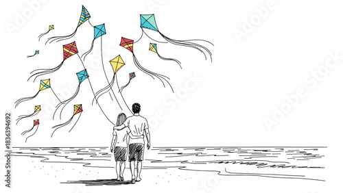Couple on beach watching colorful kites in sky line art
