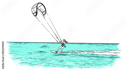 Dynamic kiteboarding adventure on turquoise sea in outline style