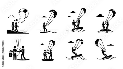 Kitesurfing adventure set with people on beach and ocean waves