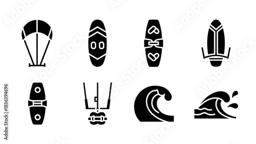 Silhouette icons of kitesurfing equipment and waves in minimalist design