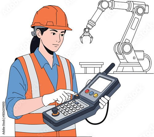 Female engineer programming robot arm