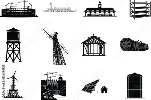 Collection of industrial and architectural structures and infrastructure icons
