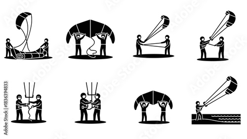 Silhouette guide for kiteboarding equipment and techniques in black and white