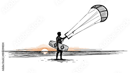 Sketch of kiteboarder on beach at sunrise with parachute