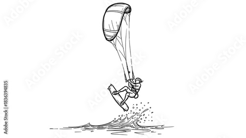 Kitesurfer in action: dynamic outline drawing of extreme water sport adventure