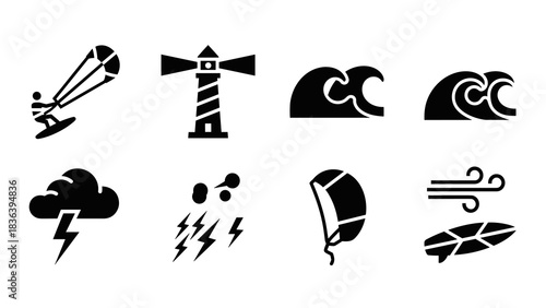 Bold black silhouette icons of ocean activities and weather symbols