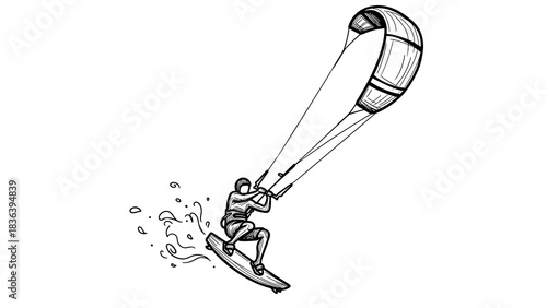 Dynamic black and white kiteboarding artwork with splashes