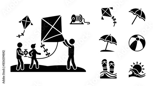 Beach fun icons: kite flying, sun umbrella, and more silhouette designs