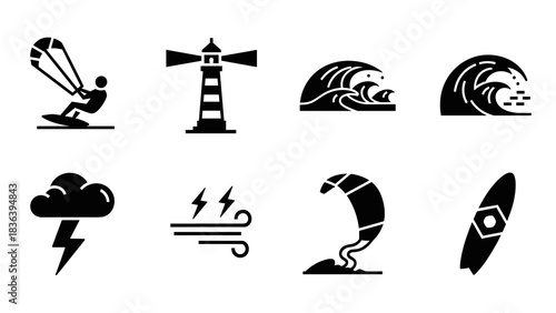 Set of nautical and water sport icons in black silhouette style