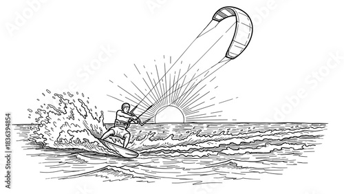 Monochrome kiteboarding adventure with sunset and ocean waves scene in hand drawn style