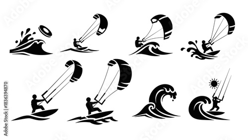Kitesurfing silhouettes: dynamic wave adventures and ocean sports icons