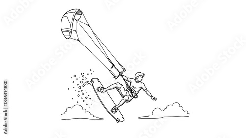 Kiteboarding adventure: dynamic line art of a thrilling sport scene