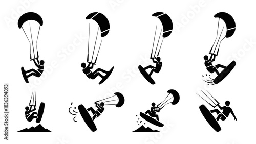 Silhouette collection of kiteboarding icons featuring dynamic action poses