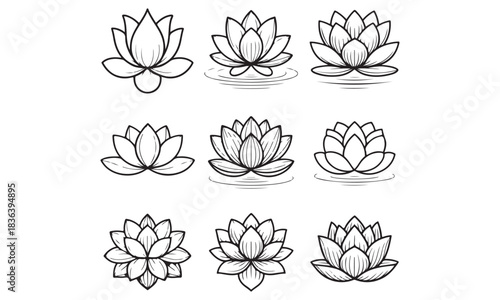 Collection of Hand-Drawn Lotus Flower Line Art Illustrations