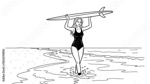 Woman in swimsuit carrying surfboard at beach, black and white line art