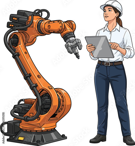 Female engineer programming robot arm
