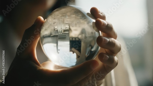 Crystal ball reflecting Kaaba in Mecca Saudi Arabia held by hands.