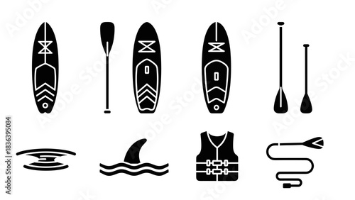 Surfing gear icons set featuring paddle boards, paddles, and essential accessories