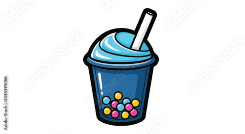 Refreshing blue bubble tea with colorful tapioca pearls and a straw.