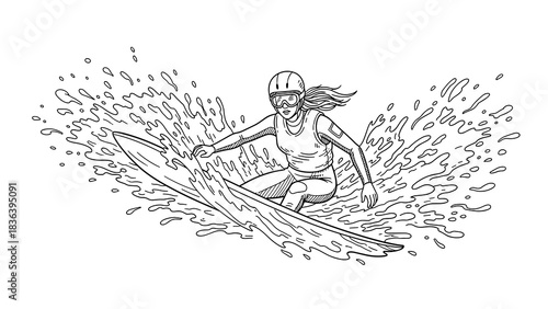 Dynamic line art of a surfer riding waves in action