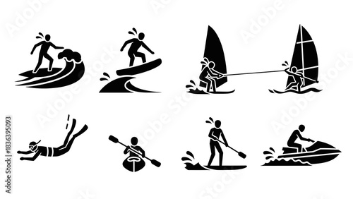 Silhouette water activities: surfing, windsurfing, snorkeling, kayaking, paddleboarding, jet ski