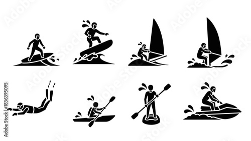 Set of water sports icons in black silhouette style featuring surfing, kayaking, sailing, and diving
