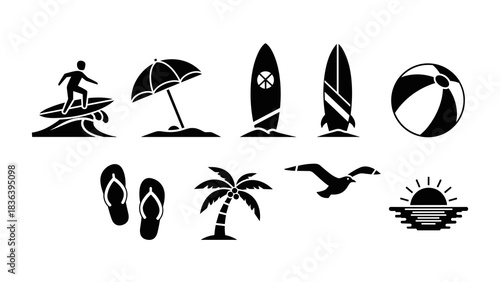 Summer vacation silhouettes: beach fun, surfing, and relaxation icons