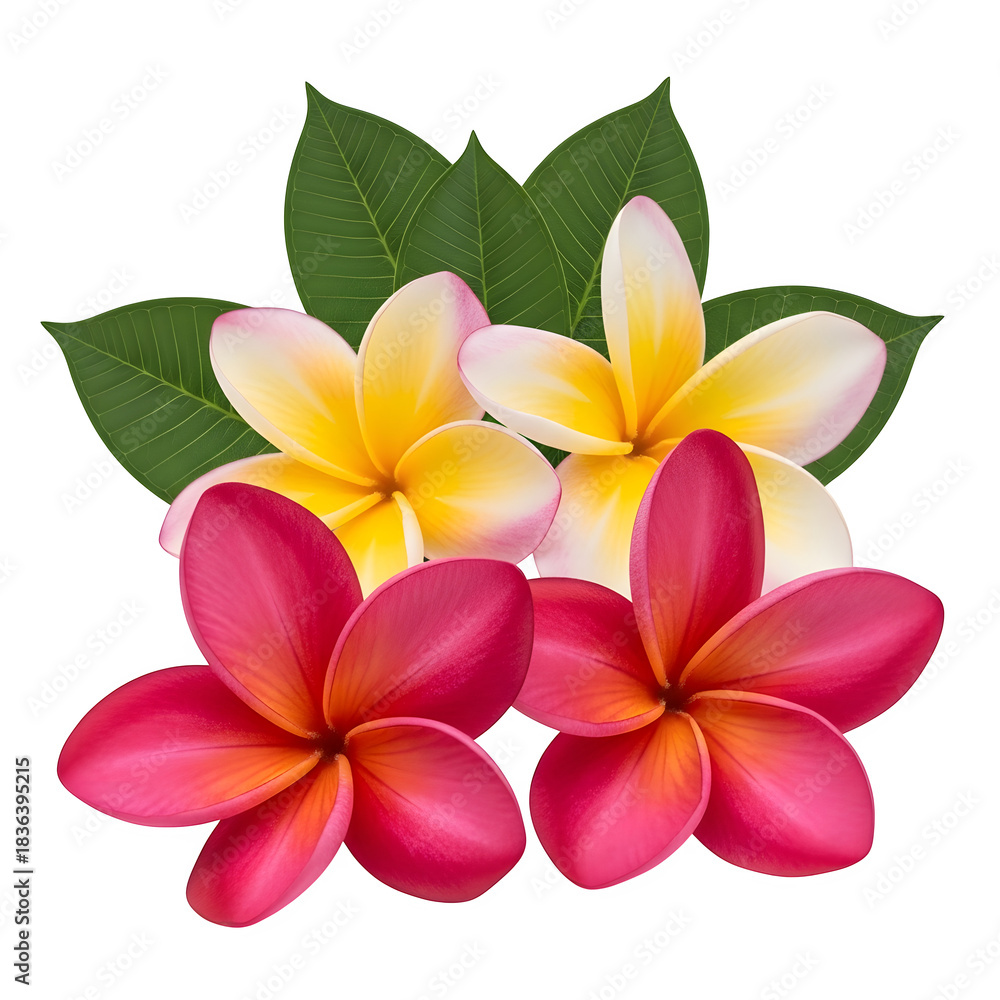 Fototapeta premium Frangipani flowers with leaves isolated on transparent background